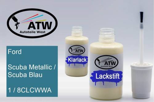 Ford, Scuba Metallic / Scuba Blau, 1 / 8CLCWWA: 20ml Lackstift + 20ml Klarlack - Set, von ATW Autoteile West.